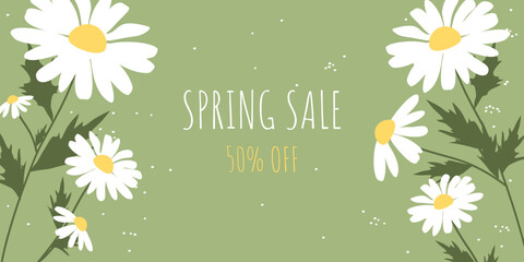 Spring sale banner with flowers and texture. Daisy template. Hand-drawn vector illustration.