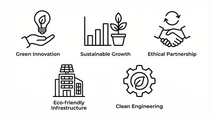 Sustainable Business and Green Energy Line Icon Set: ESG, Renewable Resources, and Eco-Friendly Growth