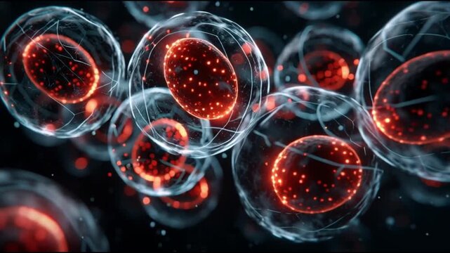 Regeneration process.Tissue repair. Growth mechanisms. Natural regeneration. Biological adaptation. Cellular growth. Abstract representation of cells with glowing red and blue elements.
