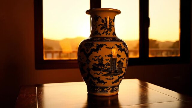 chinese porcelain vase - A delicate vase featuring intricate blue patterns sits prominently on a wooden table, bathed in warm sunlight as it casts long shadows against a backdrop of mountains