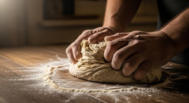 Person vigorously kneads raw bread dough by hand on a wooden surface dusted with flour.