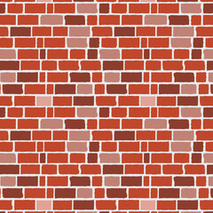 Fototapeta premium Varied brick wall pattern with different shades of red and brown, textured seamless background