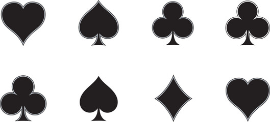Eight black playing card suits isolated on transparent background