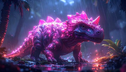 Lit up, radiant dinosaur in a lush, rainy jungle scene, glowing with magenta and purple hues