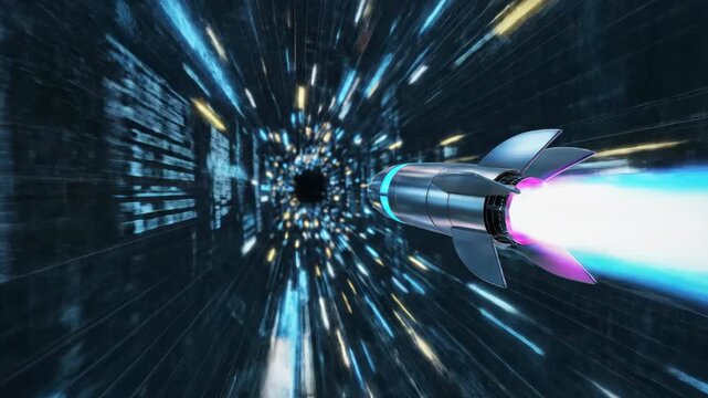 Seamless loop of glowing abstract digital data streams flowing around a stylized animated rocket taking off inside a generic modern computer screen interface digital, interface, virtual reality