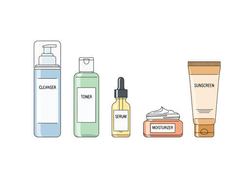 Daily Skincare Routine Collection Featuring Essential Beauty Products For Healthy Complexion And Self Care Moments Collection of Cosmetic Containers