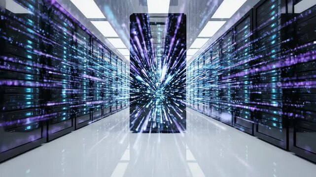 Seamless loop of glowing abstract digital data streams flowing dynamically through parallel vertical futuristic server monoliths in a sterile clean room environment server, dynamically, matrix