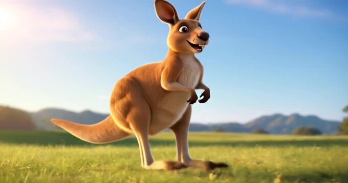 Playful kangaroo hopping joyfully across a vibrant green field under a bright blue sky