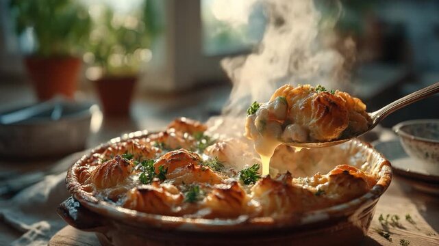 Delectable Delight: A close-up shot of a savory pot pie, brimming with steaming goodness and garnished with fresh herbs. A spoon gently lifts a portion, revealing the creamy filling and flaky crust.