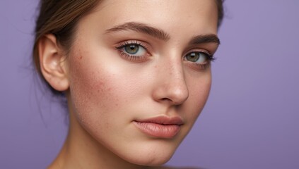 Obraz premium Close-up of a girl with acne against a lilac backdrop.png