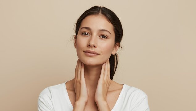 Young woman performing thyroid self-check against a beige backdrop. Area for text.png