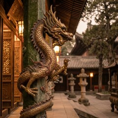 Fototapeta premium Golden Chinese Dragon Statue Clinging to a Mossy Pillar in an Ancient Temple Courtyard