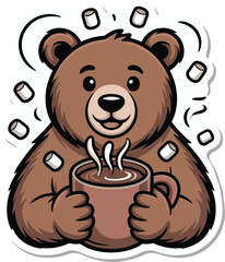 Cute bear character holding warm hot chocolate mug with marshmallows