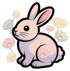 Cute cartoon bunny rabbit with pastel flowers sticker isolated on transparent background