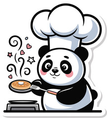 Cute panda chef wearing chef hat cooking pancakes on griddle happy
