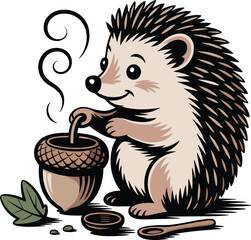 Cute hedgehog holding acorn shell pot with steam and wooden spoon cartoon character