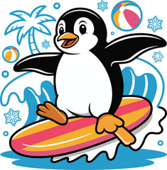 Cute penguin surfing on surfboard, summer beach vacation, tropical elements, fun illustration
