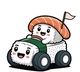 Cute sushi car with salmon driver on transparent background, fun food art