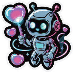 Cute robot character creating bubble heart and floating elements design sticker