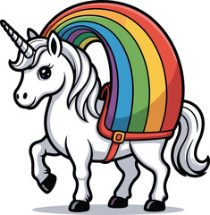 Cute unicorn with rainbow mane and tail running gracefully through fantasy land
