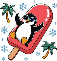 Happy penguin in sunglasses relaxing on popsicle, summer theme, palm trees, snowflakes