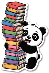 Happy panda bear sticker holding huge stack of colorful books for education library