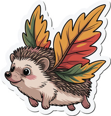 Hedgehog with autumn leaf wings flying through sky with clouds and sun