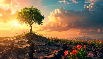 Vibrant image depicts a tree thriving on cracked earth amid flowers, bathed in a sunset's glow