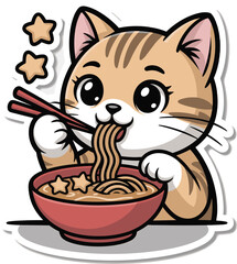 Kawaii cat eating ramen noodles with chopsticks and star shapes