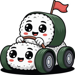 Kawaii sushi car with cute driver, Japanese food illustration, isolated