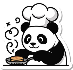 Panda bear chef preparing breakfast pancake in pan vector sticker on white backdrop