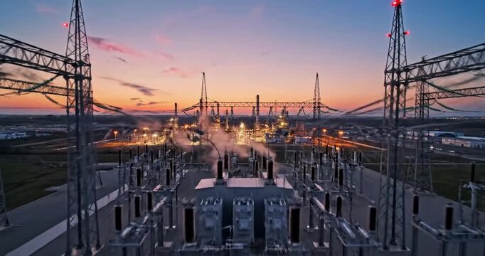 Power station at sunset showcasing energy infrastructure with smoke and wires in background
