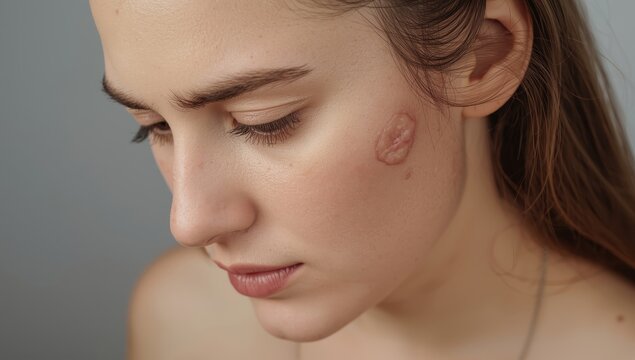 Close-up of a young woman with acne and icepick scars on her cheek.png
