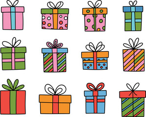 Twelve colorful gift boxes, festive ribbon bows, striped and polka dot patterns, celebration theme, holiday packaging, birthday presents, decorative layout, isolated background