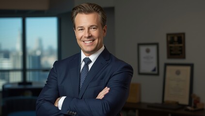 Fototapeta premium Portrait of a smiling, confident middle-aged man in a suit, arms crossed, posing in an office to promote his professional services.png