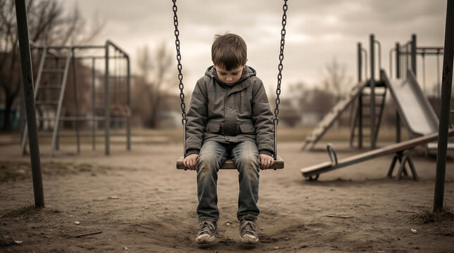 Boy sitting sadly on swing in empty playground under overcast sky. Child experiencing loneliness and melancholy on autumn day. Emotional scene of childhood isolation and solitude for storytelling and