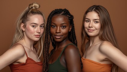 Obraz premium Three young women with various skin issues pose together against a brown backdrop, embodying self-acceptance and body positivity.png