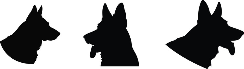 German, shepherd, dog, head, silhouettes, set, animal, profile, portrait, canine, pet, breed, black, white, vector, illustration, guard, dog, concept, design © Amelia's orld
