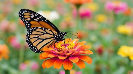 Fototapeta premium Vibrant monarch butterfly with intricate wing patterns rests gently on a bright orange zinnia flower showcasing delicate details against a soft blurred garden background