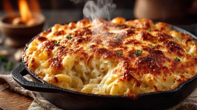Golden Macaroni Cheese: A close-up shot of a steaming, oven-baked macaroni cheese dish, its golden crust bubbling enticingly with cheese and perfectly cooked pasta, ready to be served.