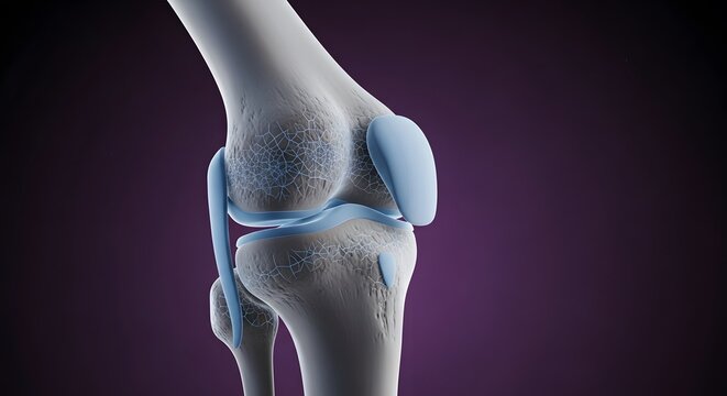 Abstract network patterns on a knee joint model. Orthopedic innovation and digital health diagnostic. 3D illustration of leg bones with blue geometric mesh for medical research