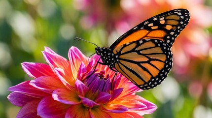 Obraz premium Vibrant monarch butterfly with intricate wing patterns perched on a brightly colored dahlia flower with soft bokeh background showcasing nature's delicate beauty and intricate