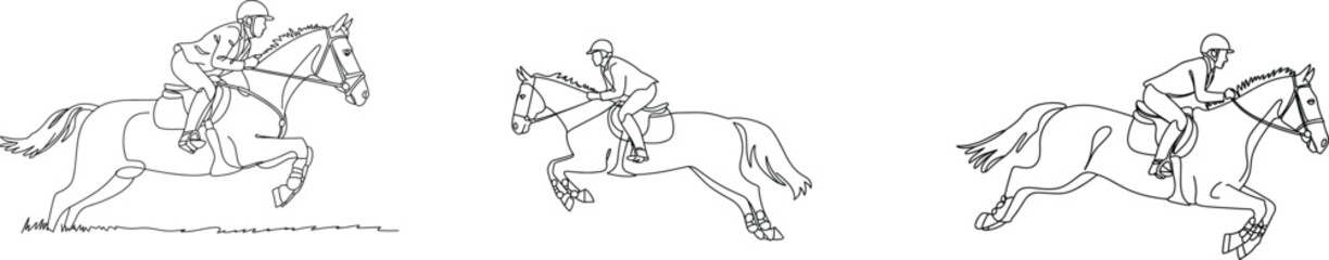 Fototapeta premium Modern, equestrian, sport, illustration, showing, horse, and, rider, jumping, racing, action, in, black, white, vector, line, art, outline, design, concept