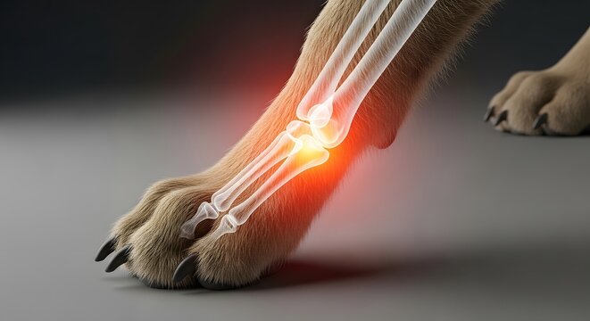 Detailed view of canine paw bones with glowing joint inflammation. Veterinary pathology and orthopedic treatment. Dog skeleton showing arthritis or bone injury in the joint