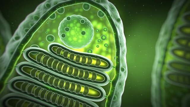 Microscopic View of Green Algae Cells with Chloroplasts.