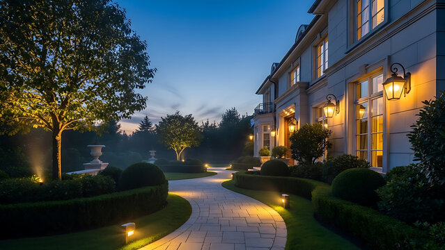 Stunning exterior view of luxurious house at dusk with beautifully lit garden pathway and illuminated facade