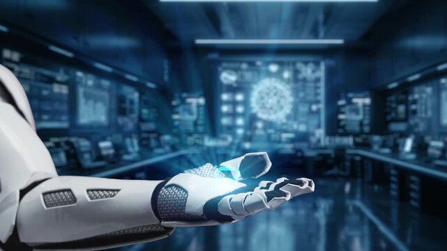A futuristic robot hand showcases an AI interface with digital communication elements, set in a high-tech environment that reflects innovation and automation. Auvana