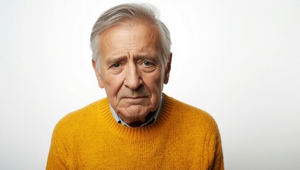 Obraz premium Image of a weary elderly man in a yellow sweater against a plain white backdrop.png