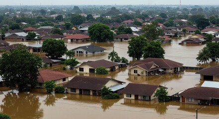 Fototapeta premium Flooded suburban neighborhood with brown water and houses flooding 1