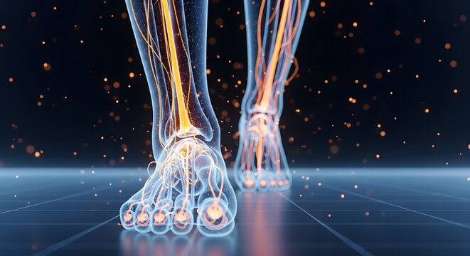 Neuralgia and peripheral nerve damage in lower limbs. Chronic pain management and medical diagnostics. Frontal view of legs with highlighted nervous system and glowing pain points